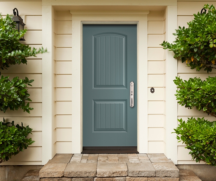 smooth grain fiberglass front door 2 panel cheyenne blue ash