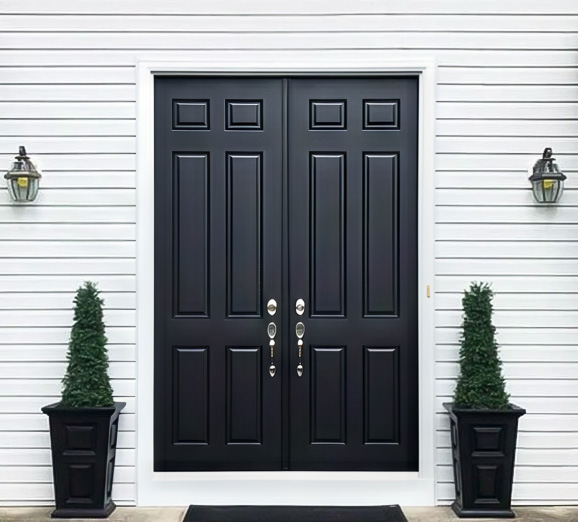 Black double fiberglass doors newly installed for Wet Deptford home.