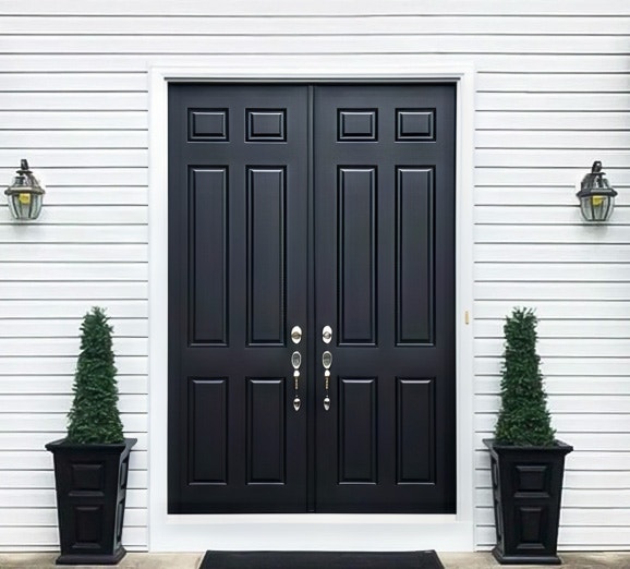 Black double fiberglass doors newly installed for Wet Deptford home.