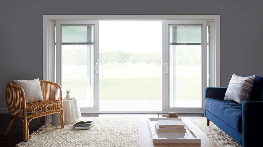 white sliding glass doors with blinds-between-the-glass