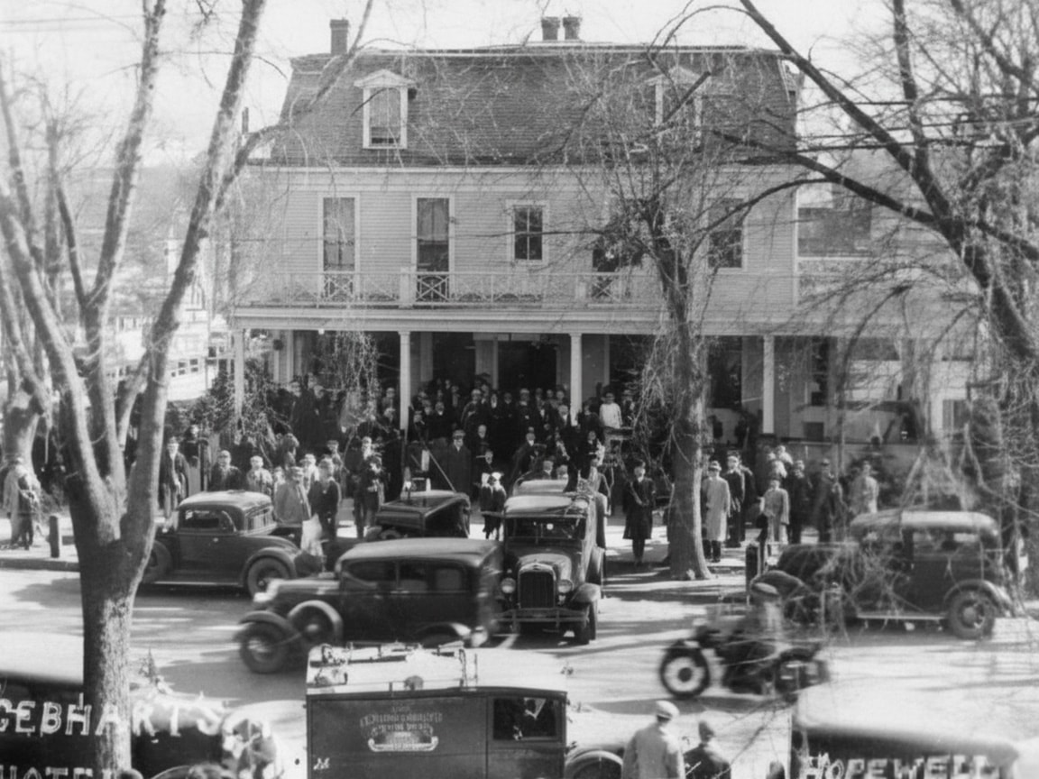 Historic black and white photo of original building with large crowd and early automobiles.