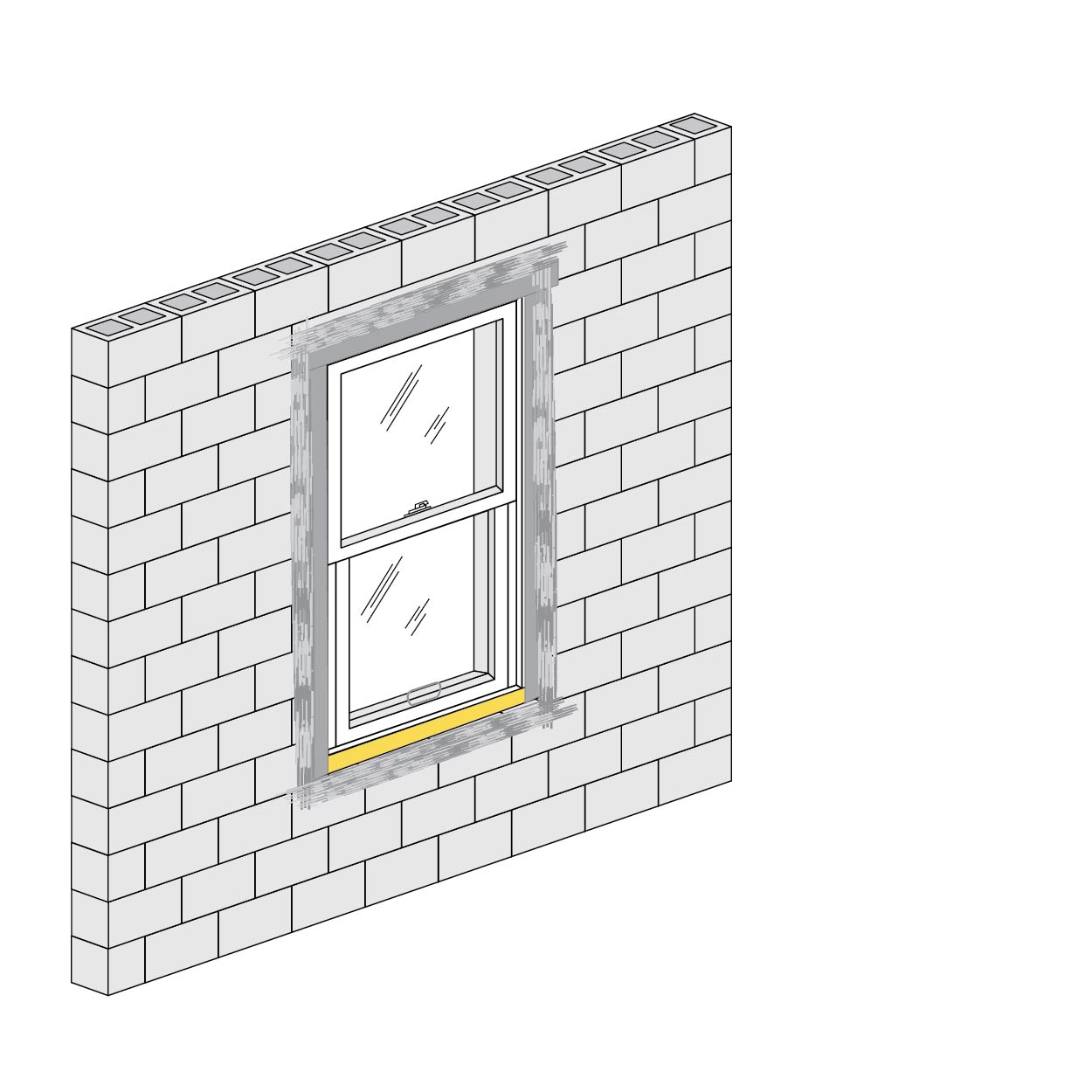 An illustration that shows a completed window installation onto a masonry wall.