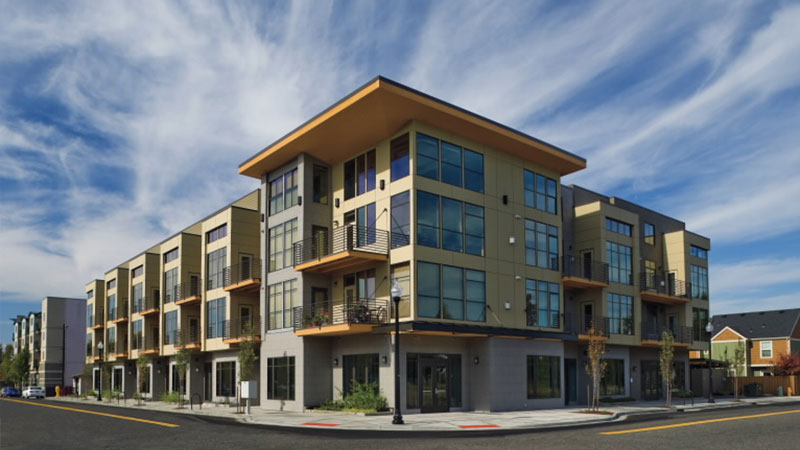 large apartment building with energy-efficient windows