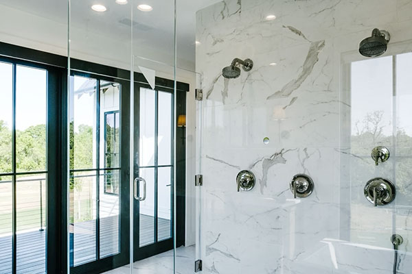 Charlottesville bathroom with floor-to-ceiling windows.