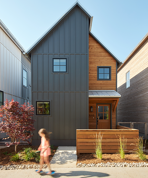 the exterior of a Wheeler district home in Oklahoma, with a dual exterior in both black and natural wood