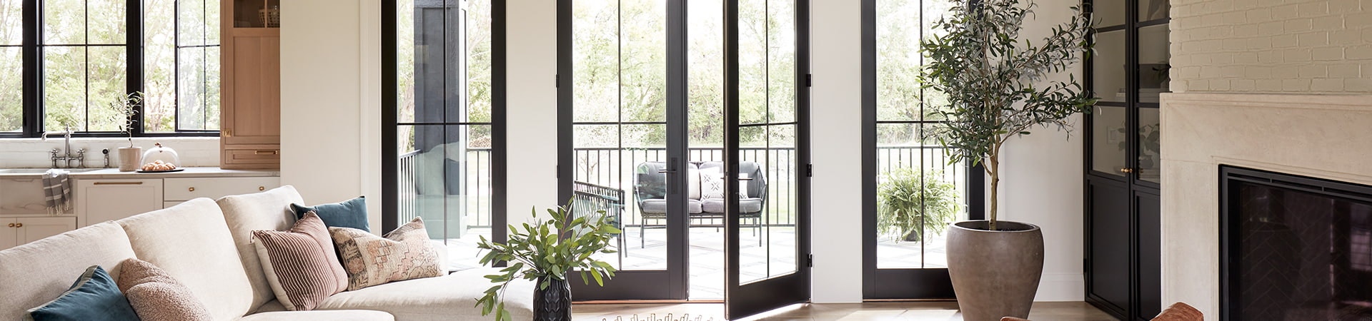 tan-colored living room with two-panel black lifestyle series french doors