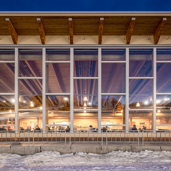 Close up view of floor to ceiling windows for Ski Chalet building.