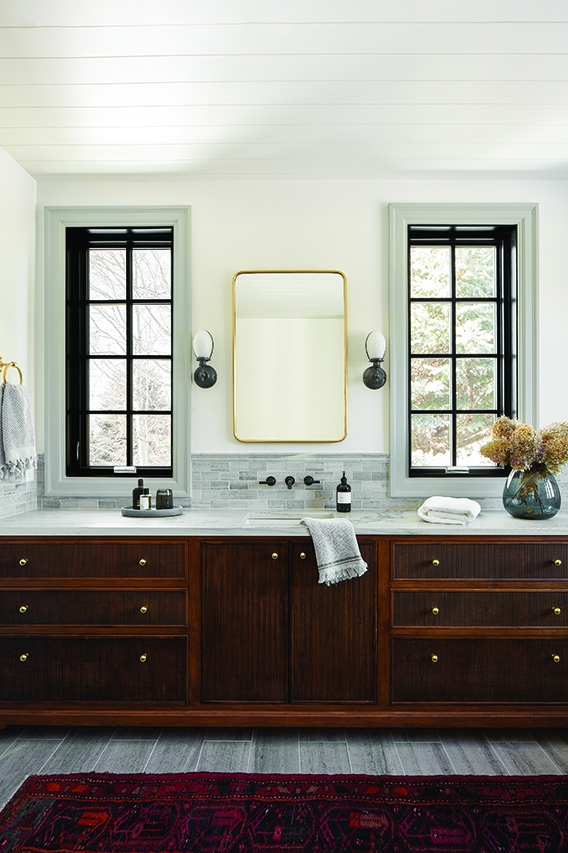 Idaho bathroom with newly installed black framed windows.