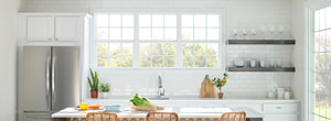 three encompass vinyl hung windows white kitchen