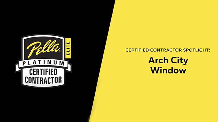 Pella Platinum Certified Contractor badge and Arch City Window contractor spotlight on a black and yellow background.