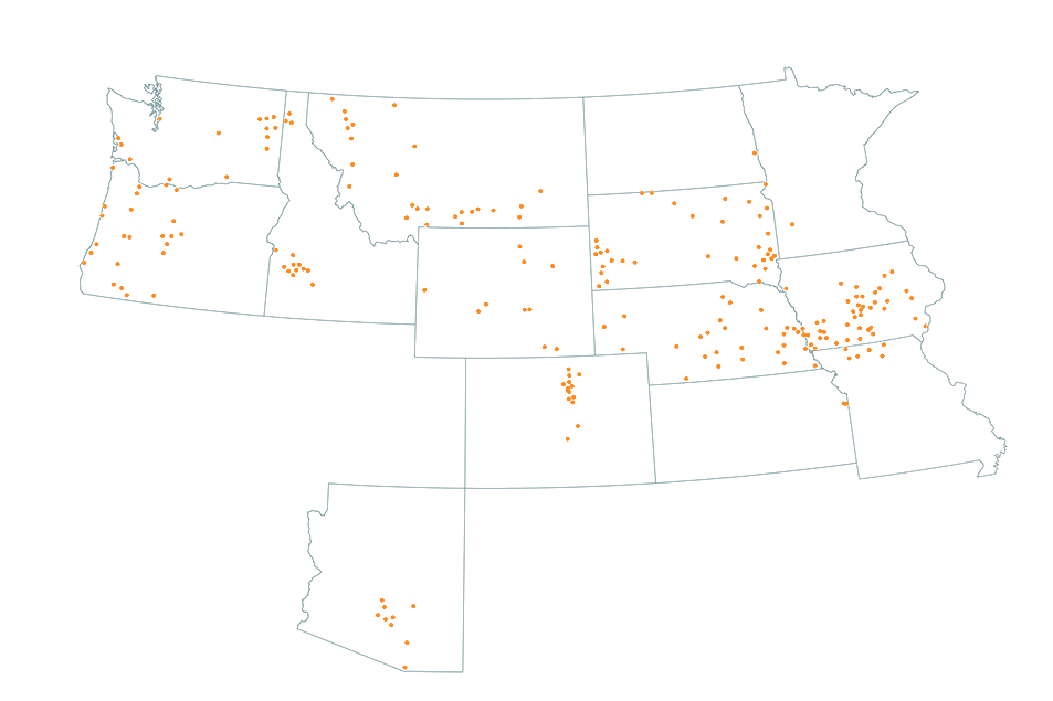 map of the US with orange dots representing where grants were delievered
