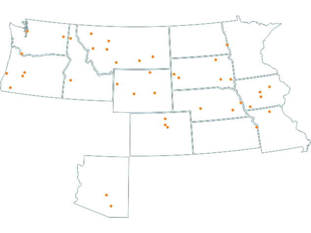 State map with orange dots locating branches