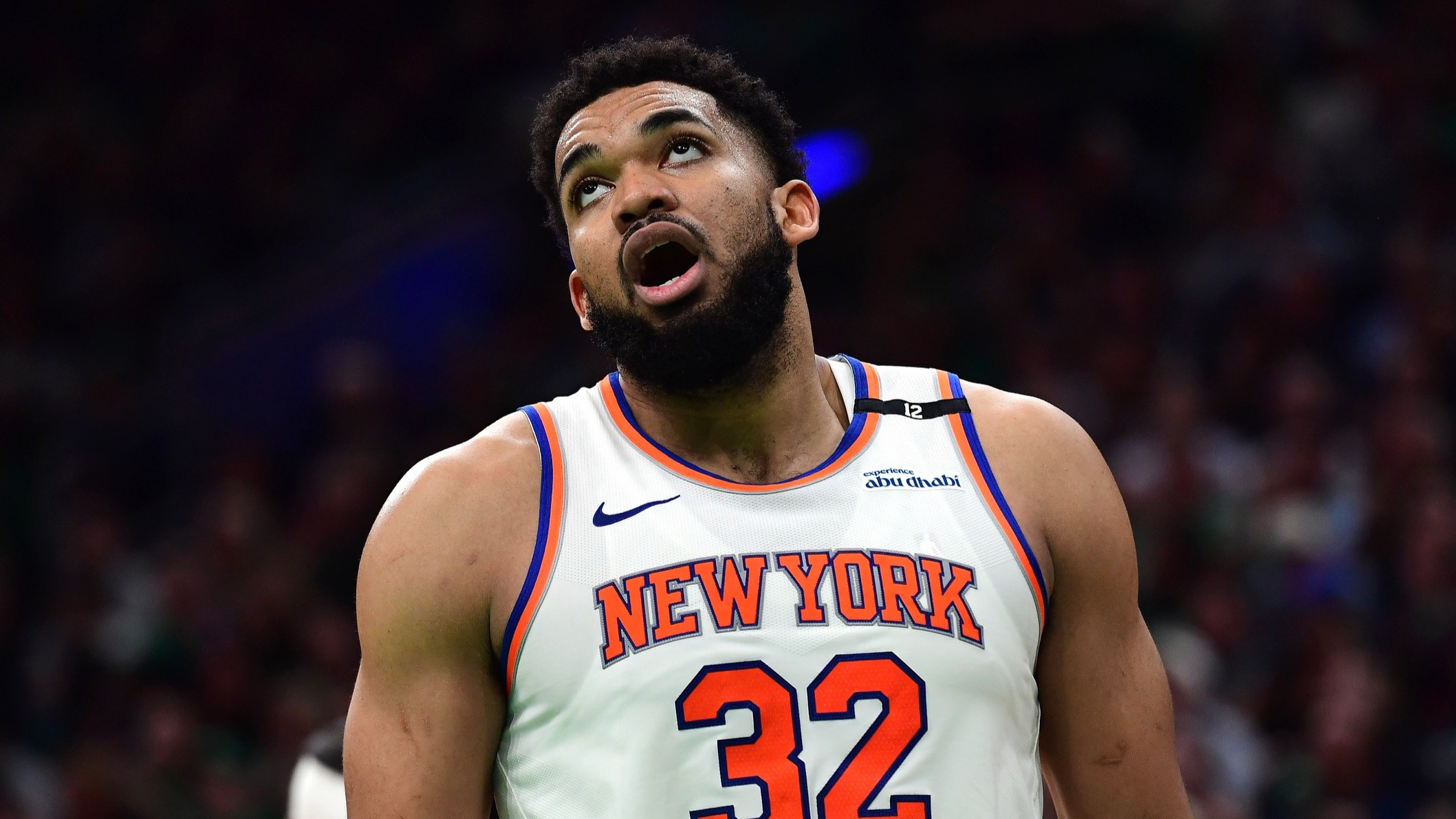 May 14, 2025; Boston, Massachusetts, USA; New York Knicks center Karl-Anthony Towns (32) reacts in the second half during game five of the second round for the 2025 NBA Playoffs against the Boston Celtics at TD Garden. 