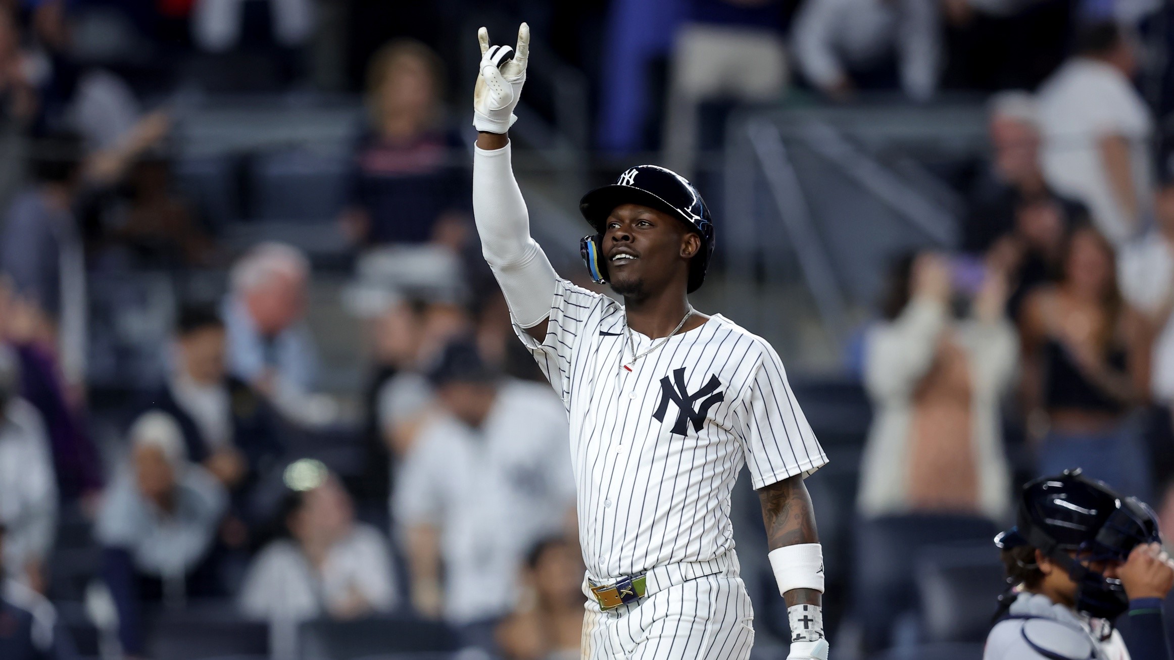 Jun 3, 2025; Bronx, New York, USA; New York Yankees third baseman Jazz Chisholm Jr. (13) reacts after hitting a solo home run against the Cleveland Guardians during the seventh inning at Yankee Stadium.