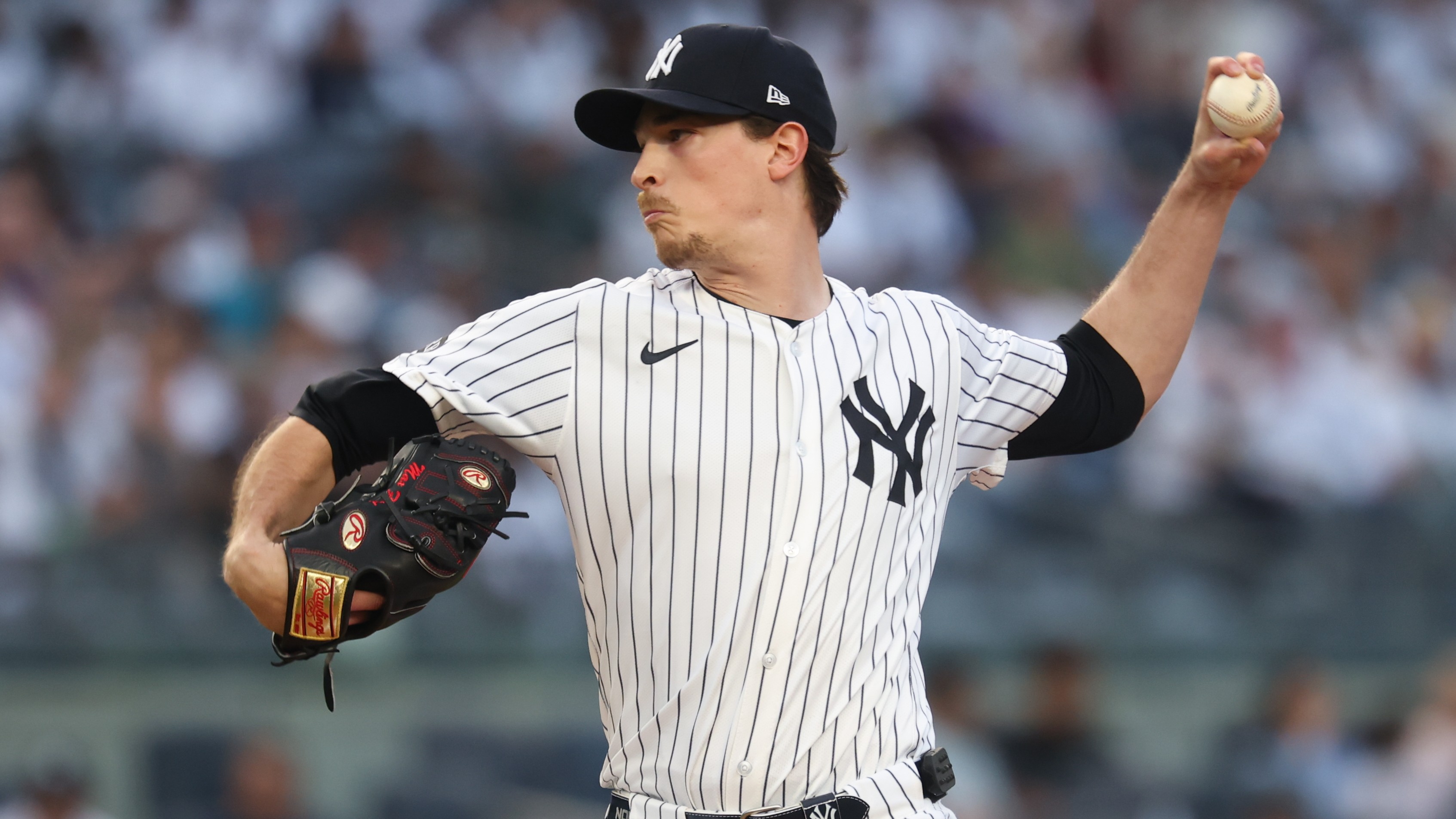 May 2, 2025; Bronx, New York, USA; New York Yankees starting pitcher Max Fried (54) delivers a pitch during the first inning against the Tampa Bay Rays during the first inning at Yankee Stadium