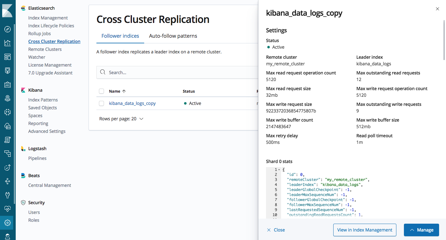 Benutzeroberfläche für die Elasticsearch CCR-Verwaltung in Kibana