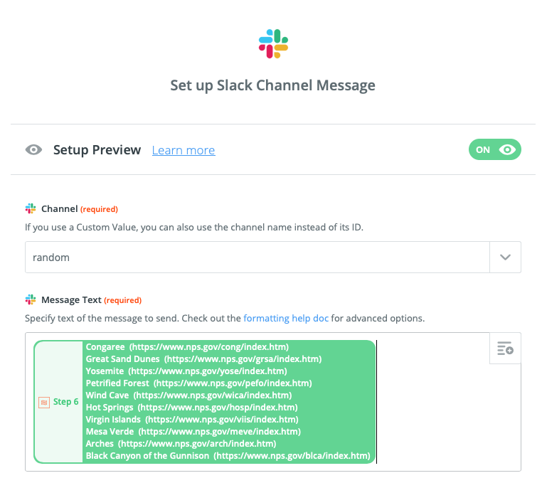 Selecionando o canal do Slack no qual será feita a postagem, e o conteúdo da mensagem que é a saída de toda a rede de filtro