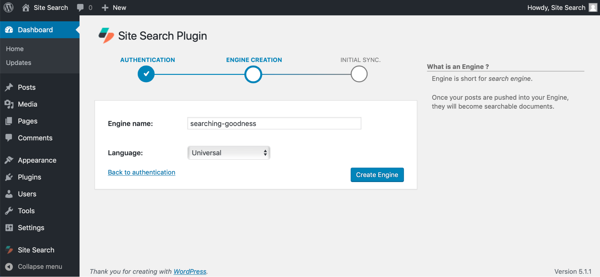 Creating an engine called search goodness, set to Universal