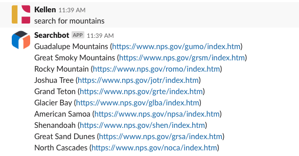 A slack message that says search for mountains and results containing mountains