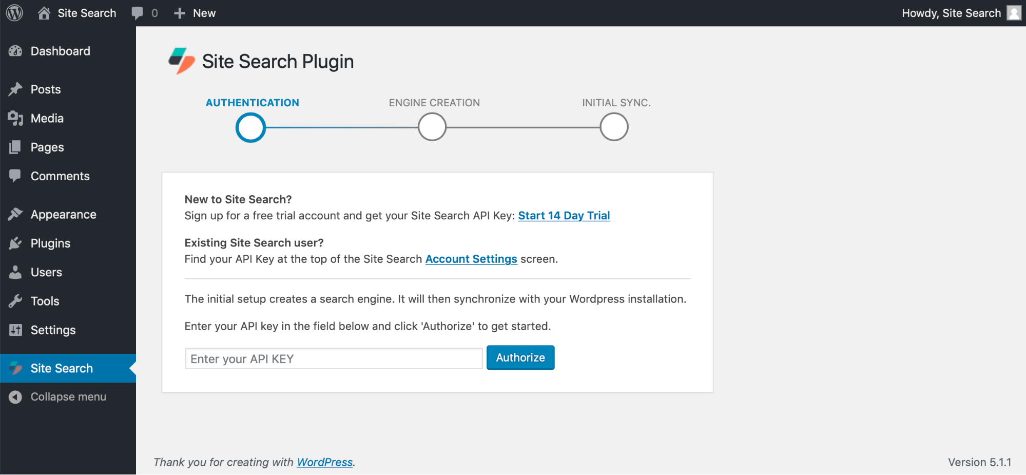 The Site Search Plugin, within Wordpress, awaiting an API Key