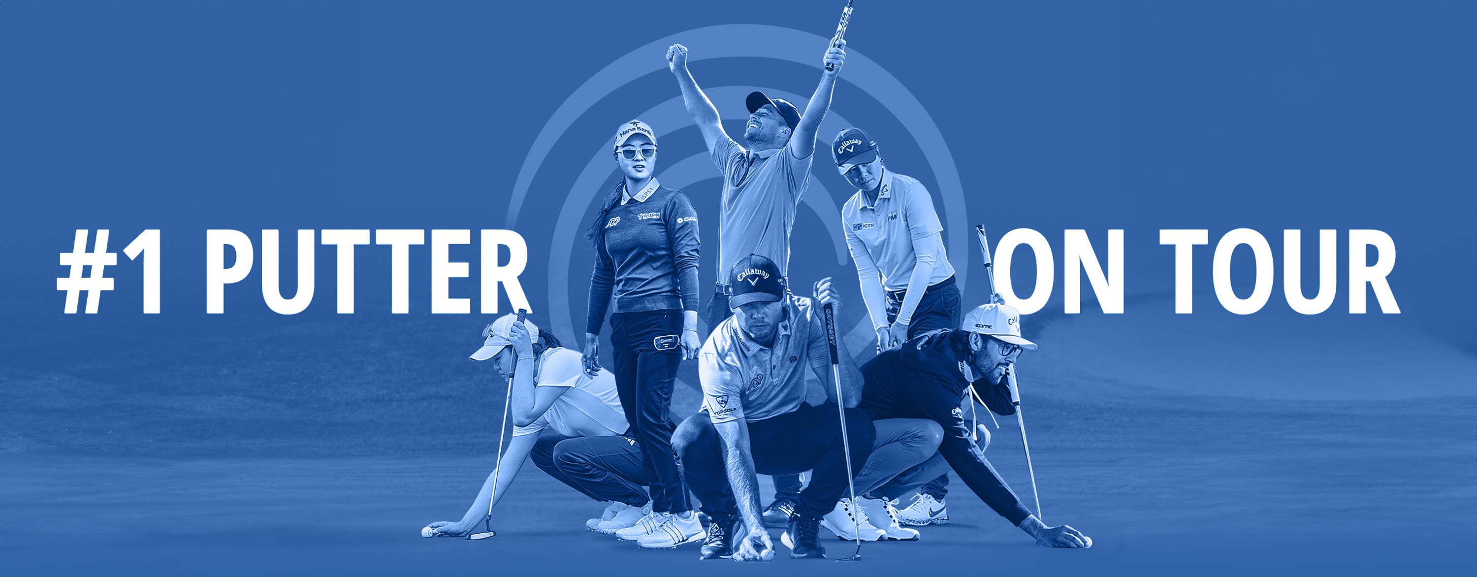 odyssey golf staff players in a montage with blue colored background