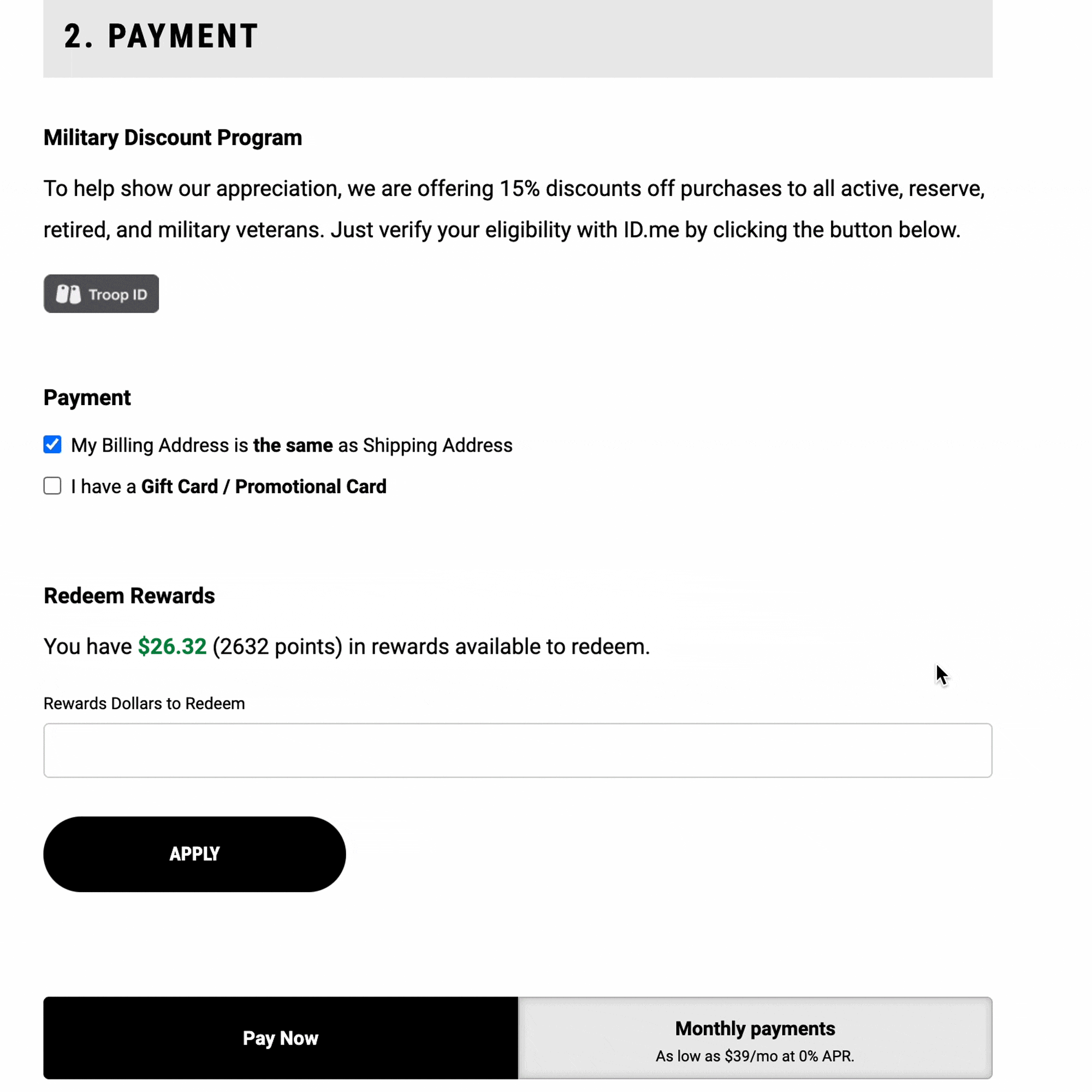 Gif that shows payment screen and redeem rewards fields 