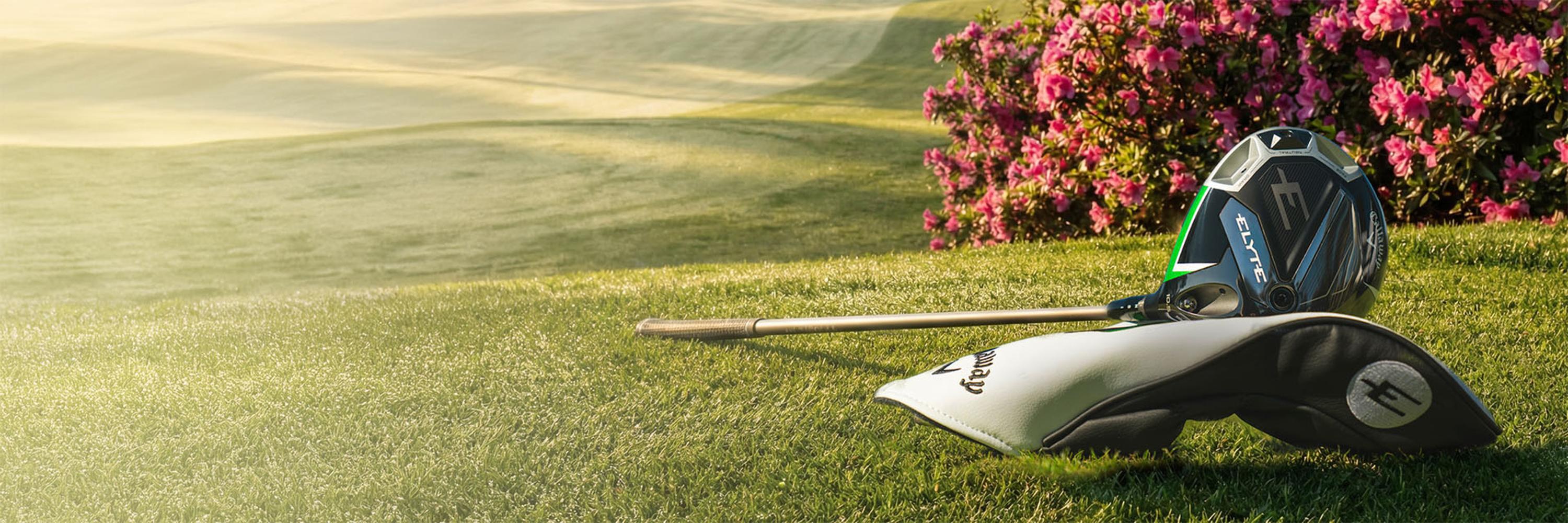 elyte club and glove on field with flowers