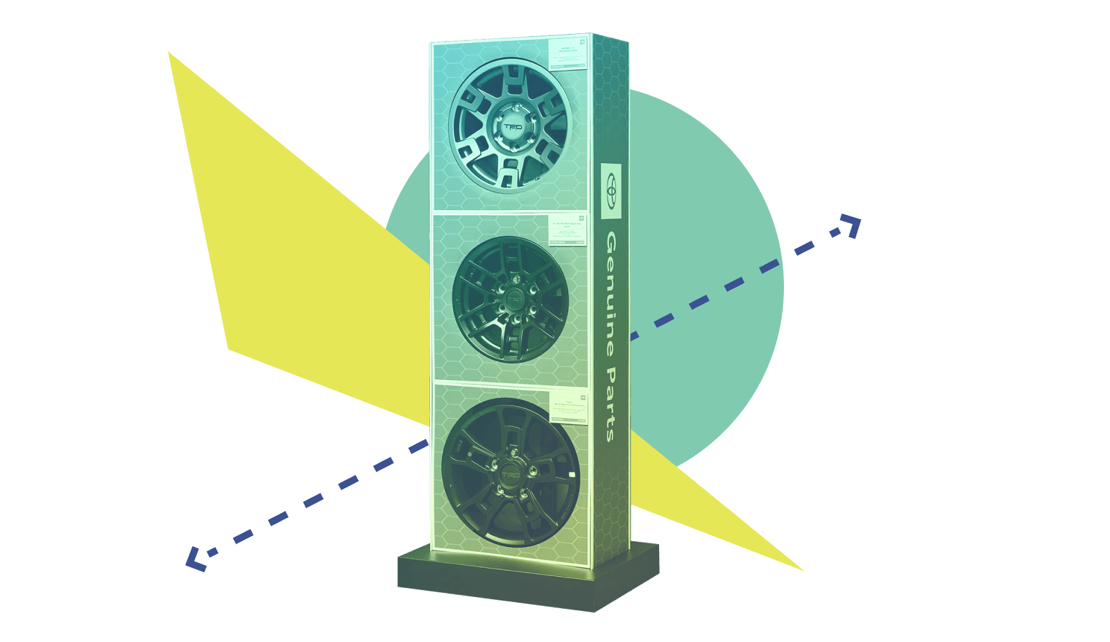 A photo of the UltraGrid wheel tower with abstract shapes behind it and a long, dotted, double-sided arrow to represent dimensions.