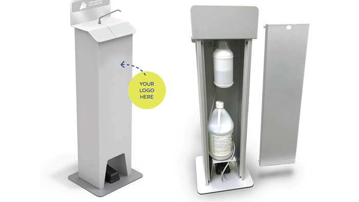 A picture of a SafeTap dispenser with customizable front panel and removable back panel.