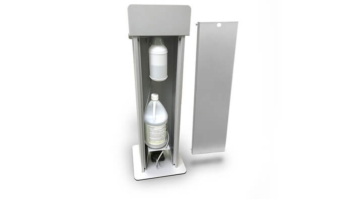 A photo showing the inside of a SafeTap Hands-Free Sanitizer Dispenser.