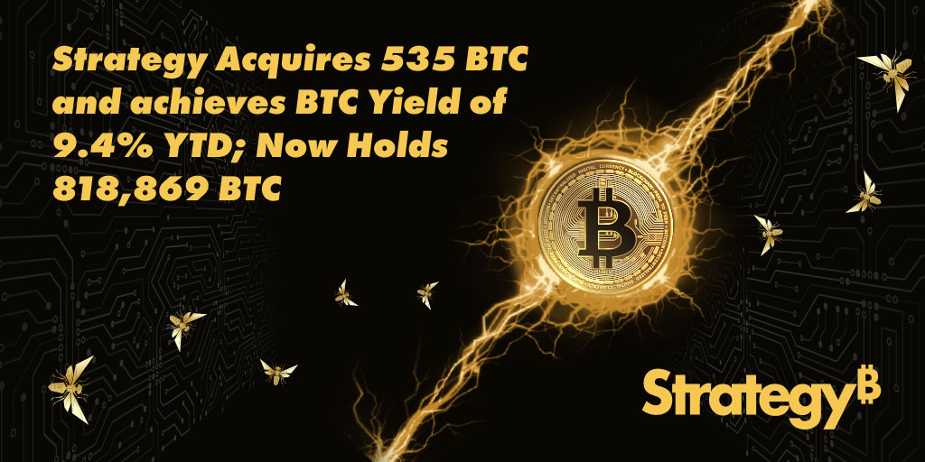 Strategy Acquires 535 BTC and Now Holds 818,869 BTC