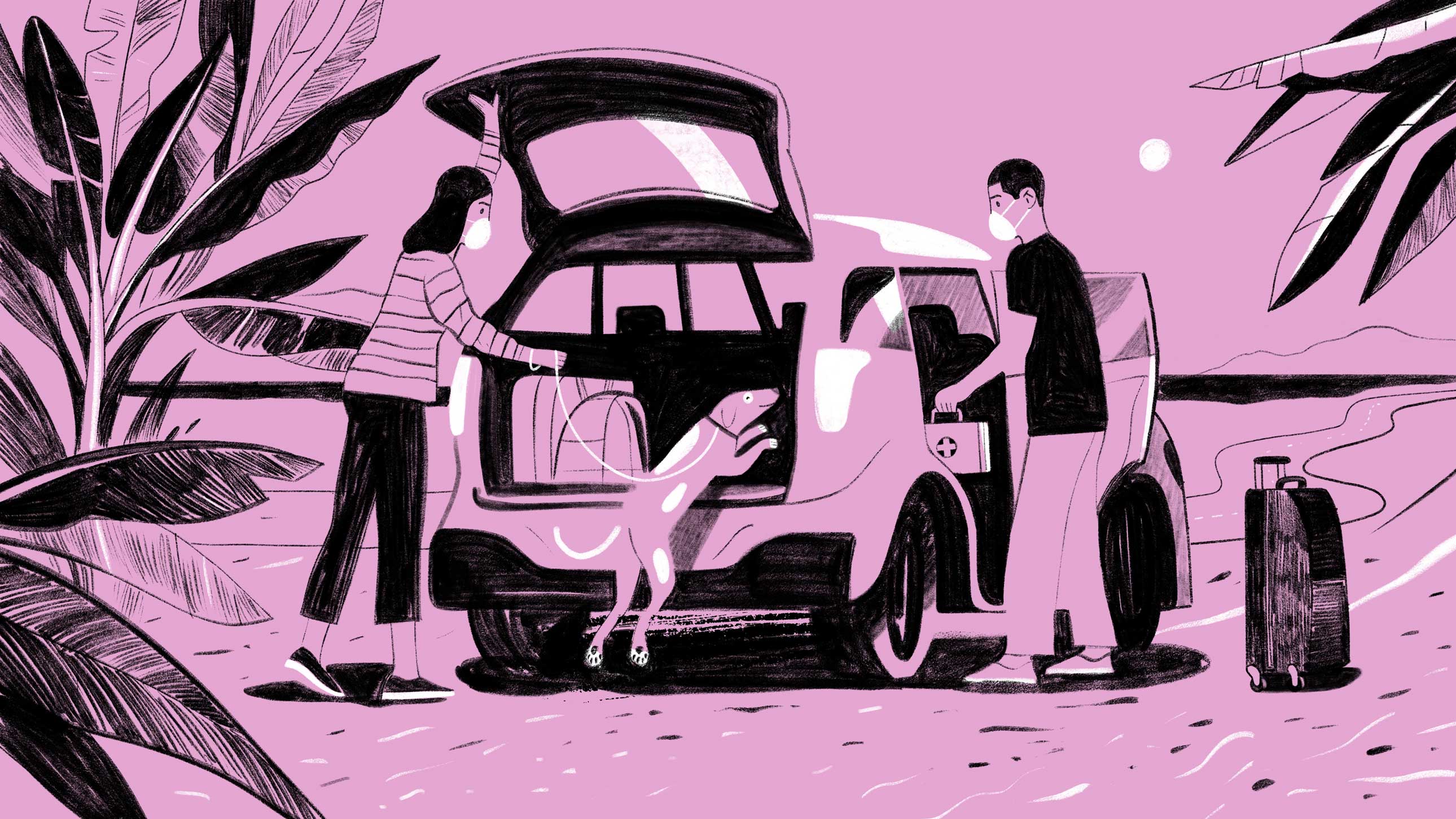 An illustration of a man and a woman wearing medical masks. They are putting luggage and a first aid kit into their car, as their dog jumps into the back of the open tailgate.