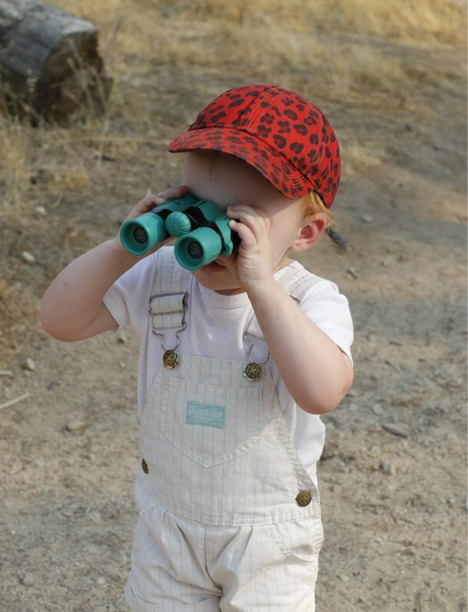 A young child wearing overalls looks through binoculars.