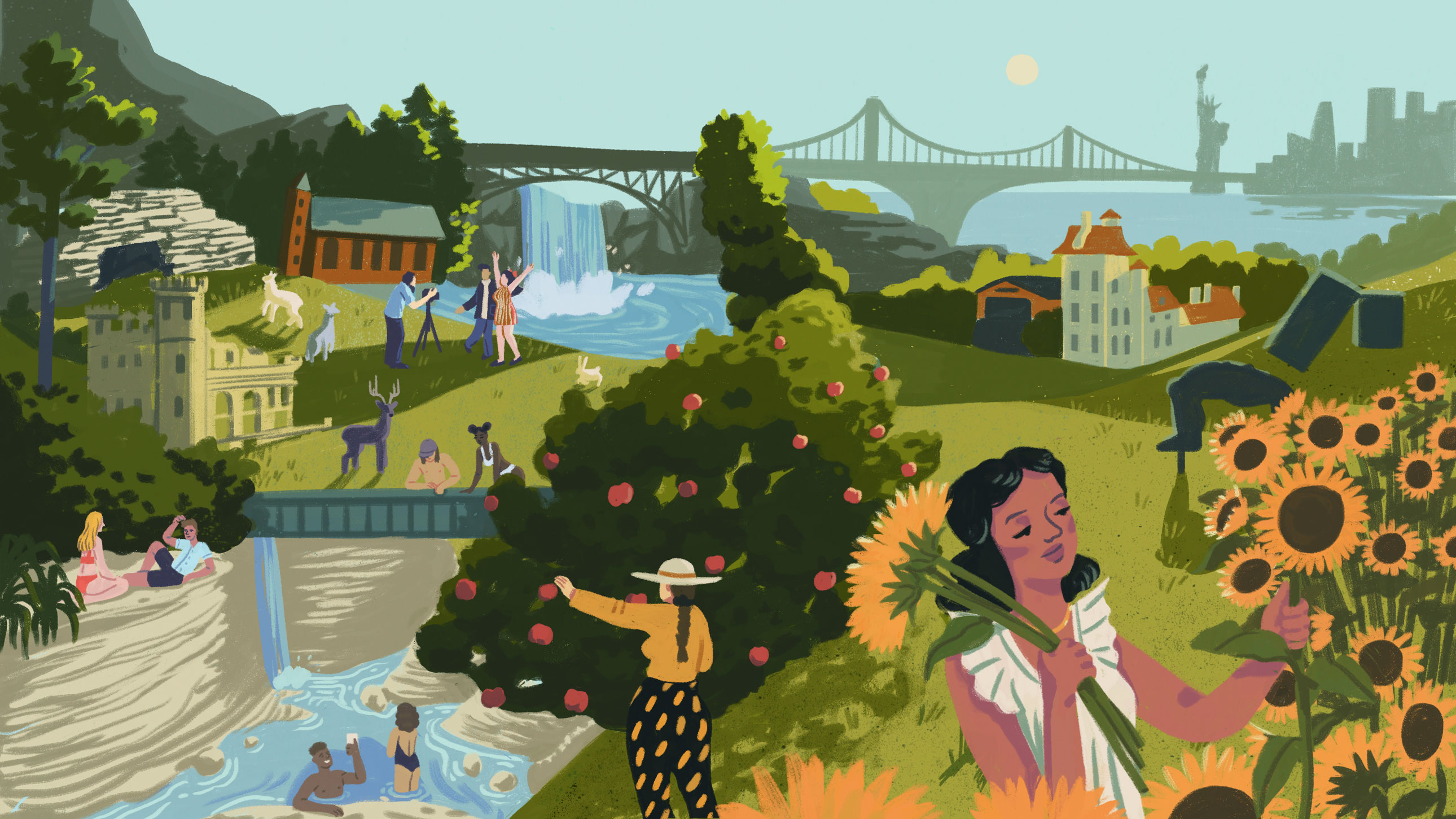An illustration showing people enjoying apple picking, swimming, waterfalls, and animals, with the New York skyline in the distance.