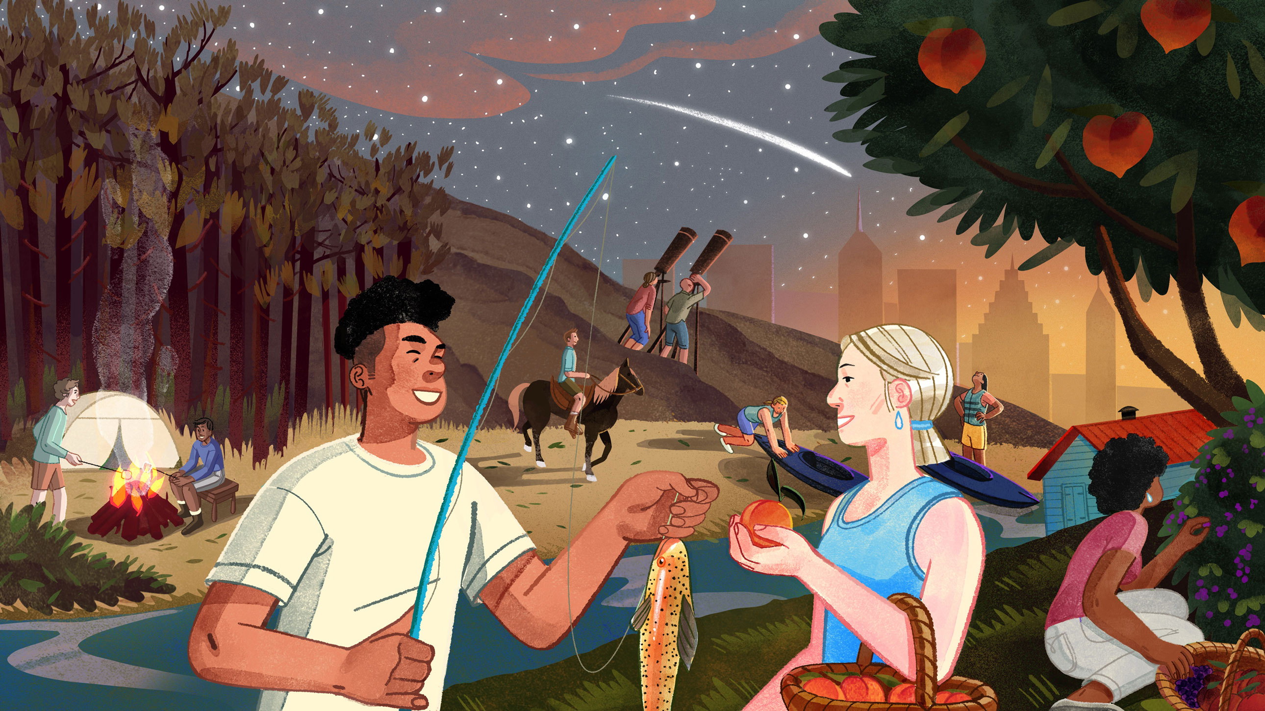 An illustration of two people, one holding a fishing pole and trout, another holding a freshly picked peach. People in the background are enjoying other outdoor activities, with a shooting star and Atlanta skyline in the distance.