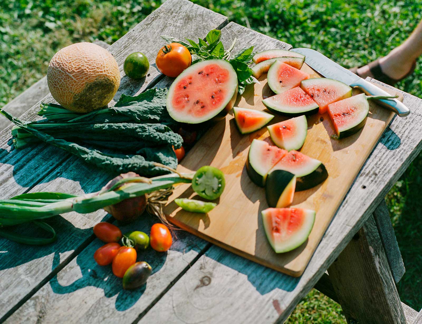 A still life of chopped and whole produce on a sunny picnic table, including watermelon, kale, and tomatoes.
