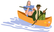An illustration of two people paddling through water in a canoe.