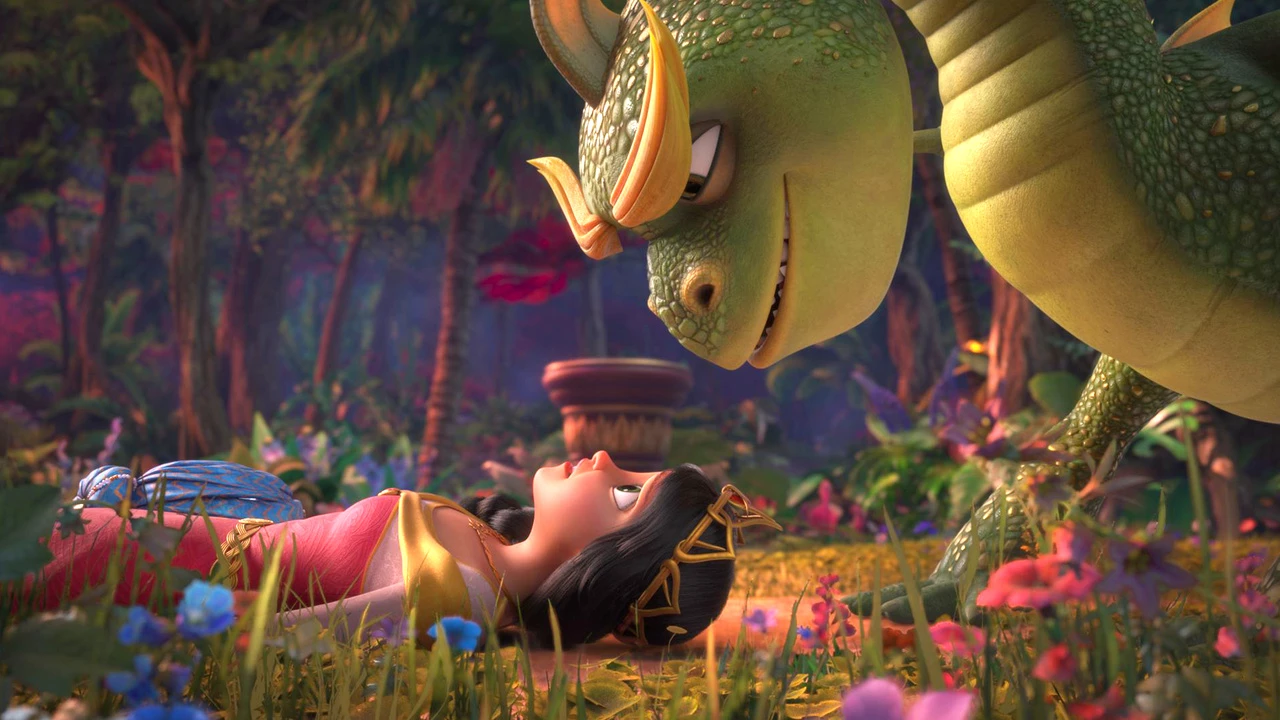 Cartoon lady and cartoon dinosaur