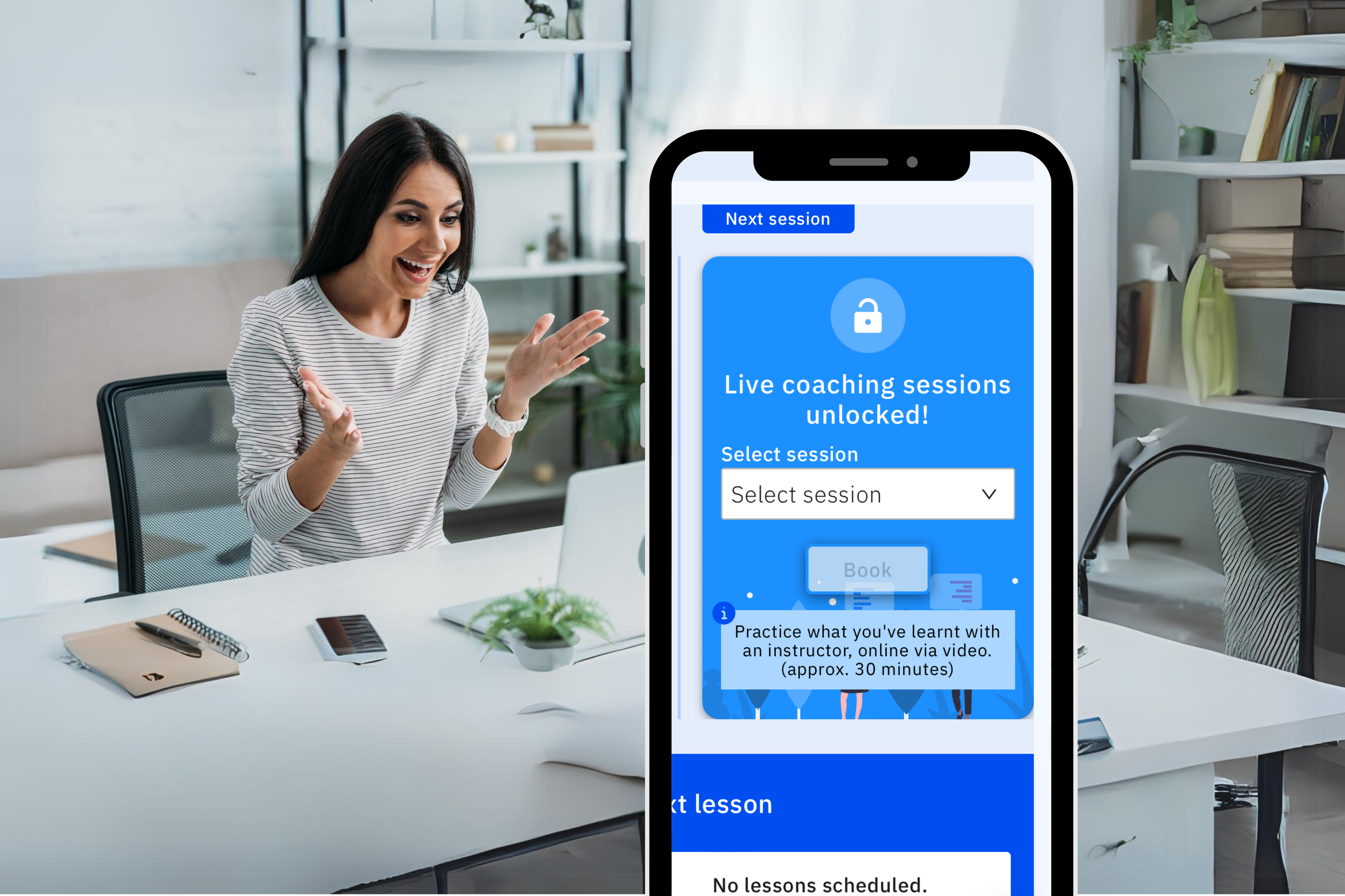 Platforma do nauki języka angielskiego. Grafika przedstawia kobietę rozmawiającą z lektorem angielskiego na platformie językowej 