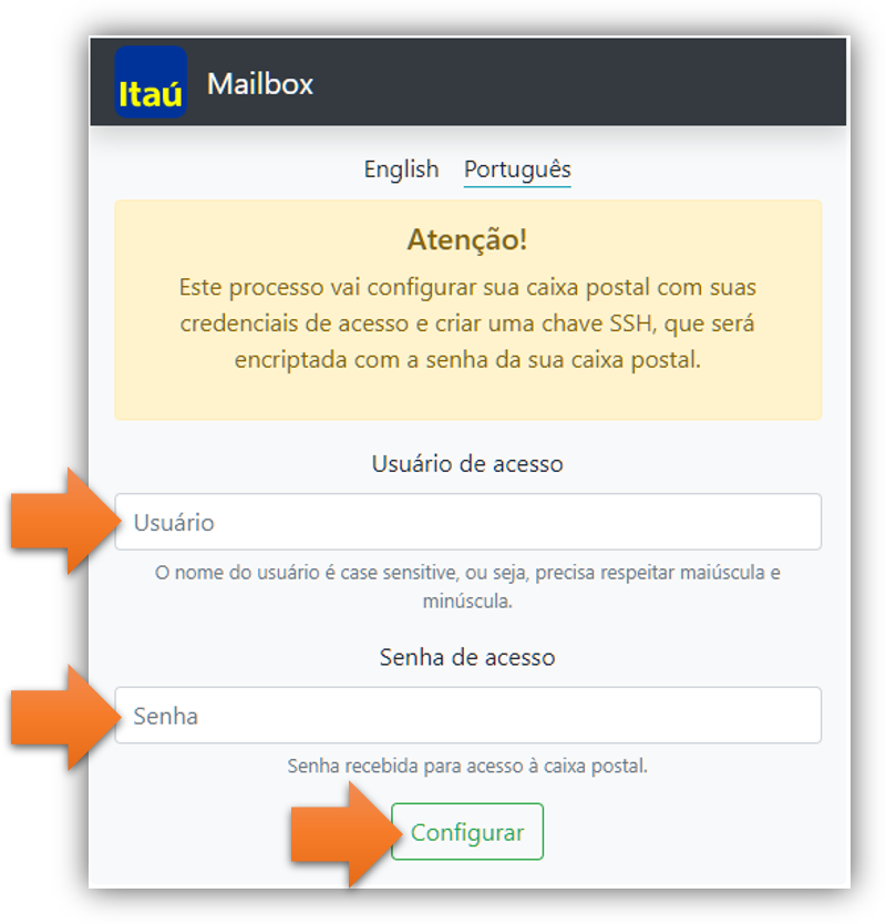 Tela de configuração inicial do IMB, com os campos de usuário e senha