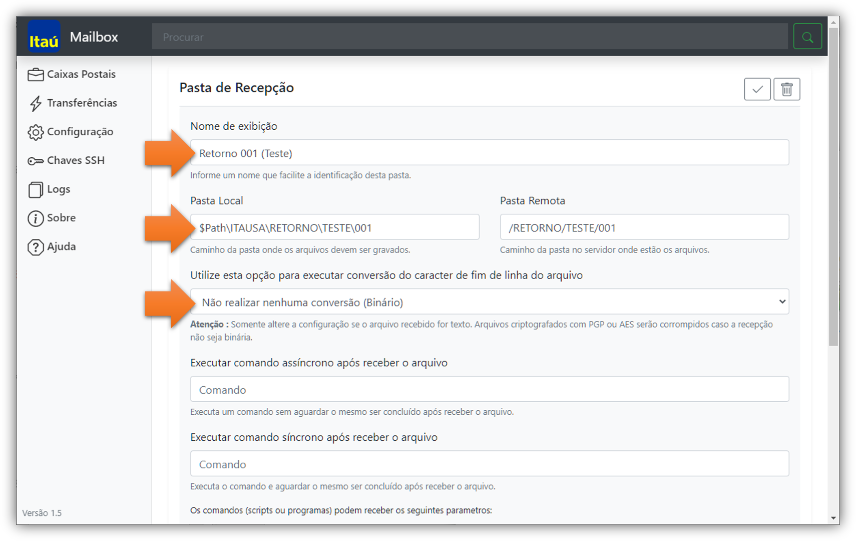 Tela de configuração de pasta de recepção no IMB