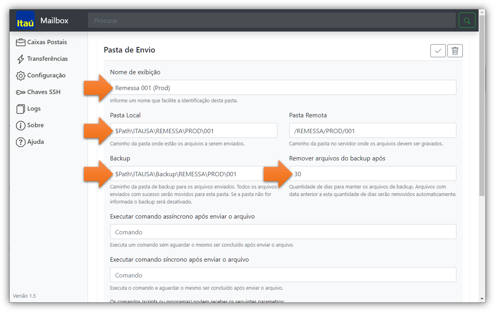 Tela de configuração de pasta de envio no IMB