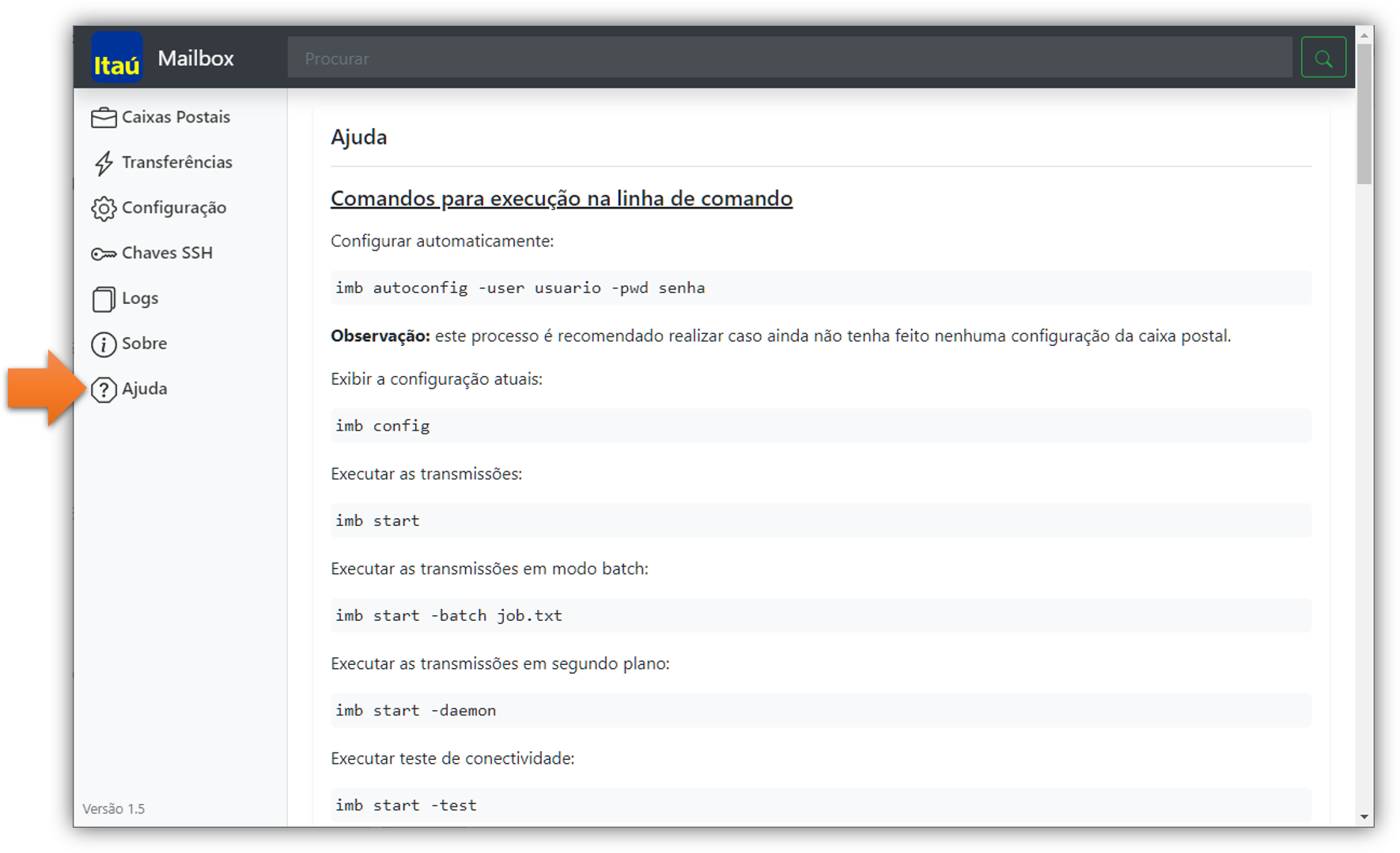 Tela do menu Ajuda do IMB