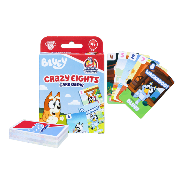 Bluey Crazy 8's Card game shown in packaging as well as cards shown outside of packaging.