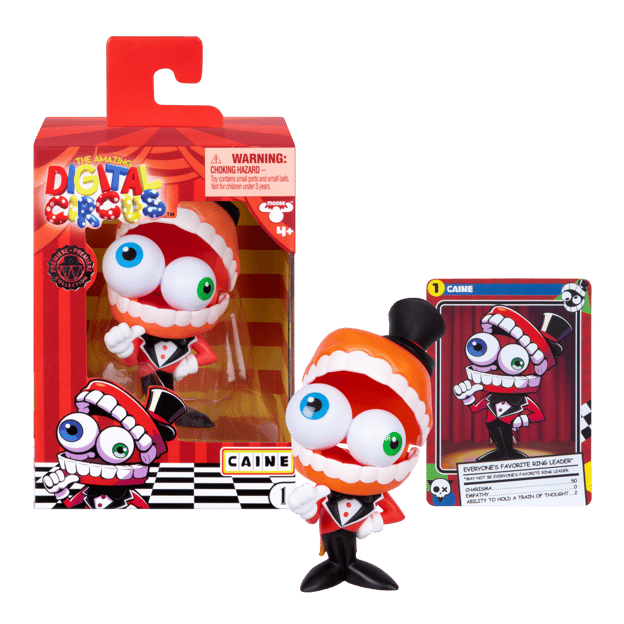 The vinyl figure of Caine from the Amazing Digital Circus in front of the packaging and collector card