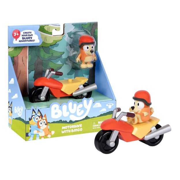 Bluey Basic Vehicle motorbike toy next to packaging box. 