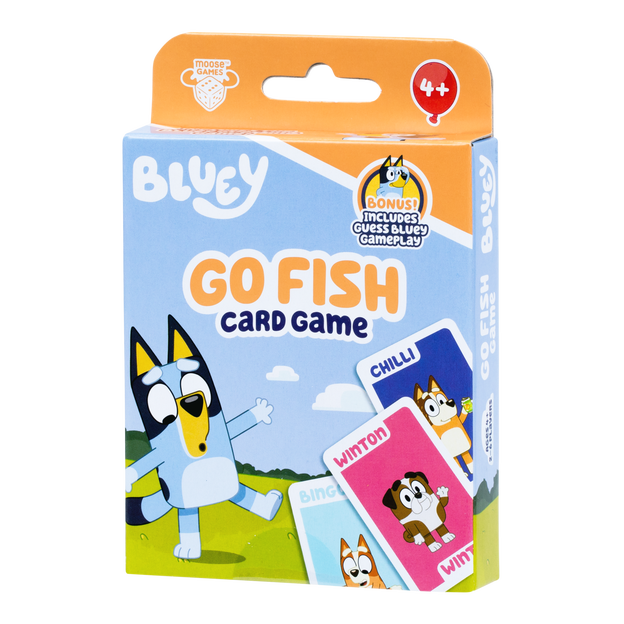 Bluey Go Fish Card Game shown in orange and blue packaging.