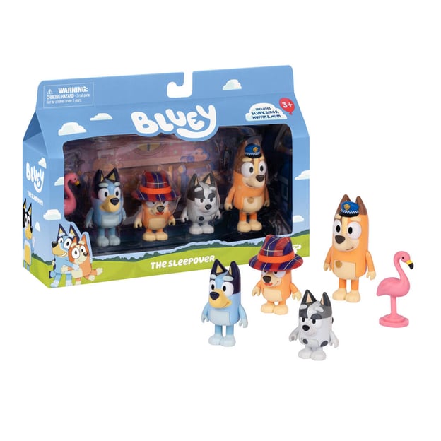 Bluey Figure 4 Pack of figures, next to packaging. 