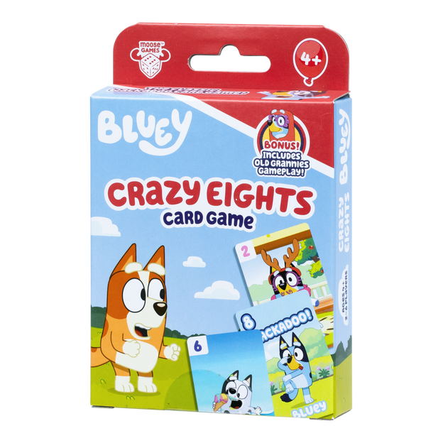 Bluey Crazy 8's Card game shown in blue and red packaging.