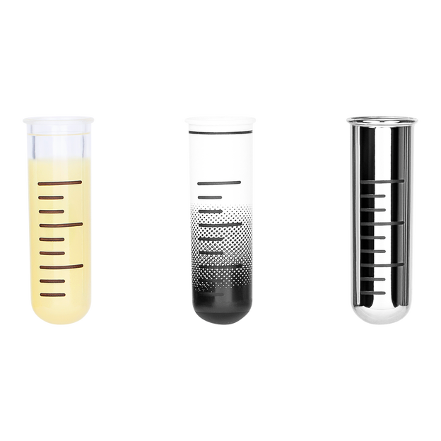 3 test tubes. One is clear, one is white, one is silver.
